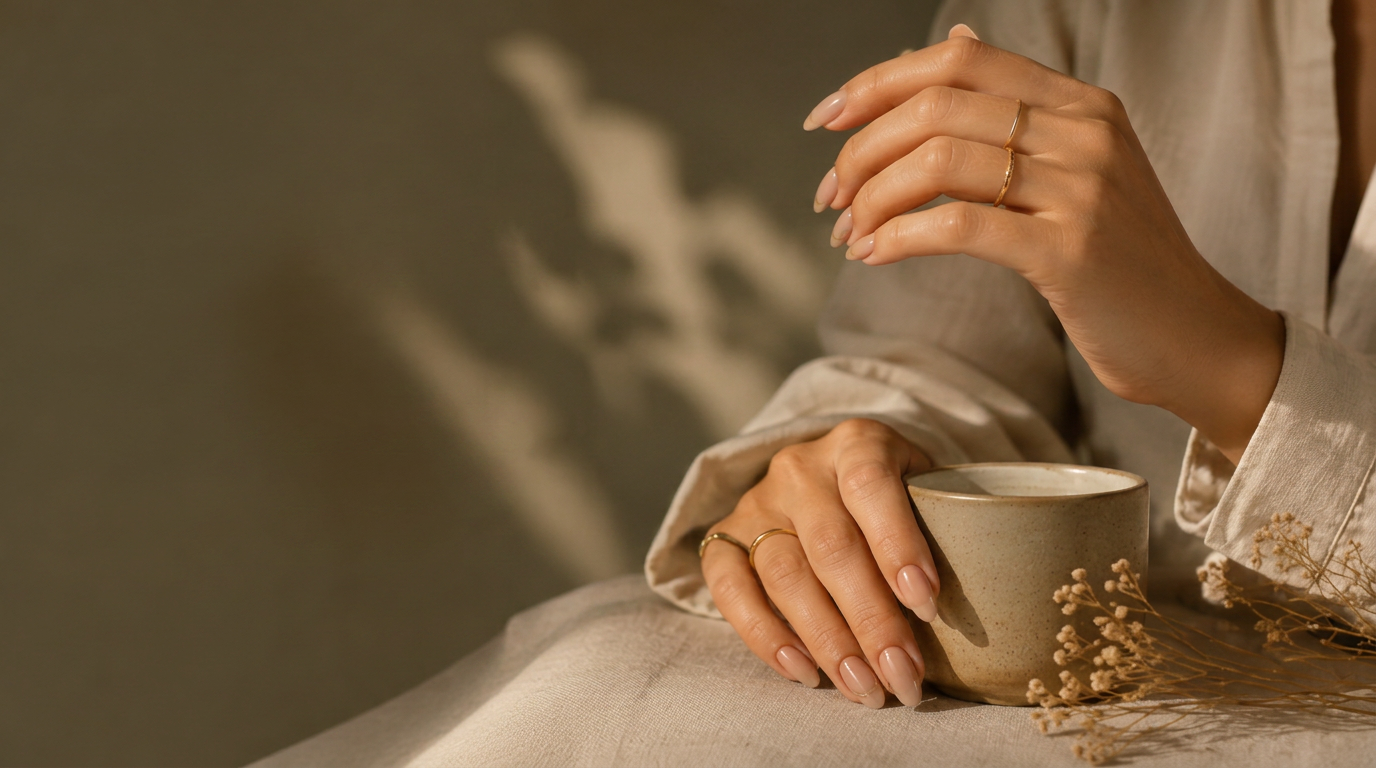 Elegant hands with glossy nude-coral press-on nails cradling a ceramic cup, gold rings, oatmeal linen shirt, against a calm cream backdrop