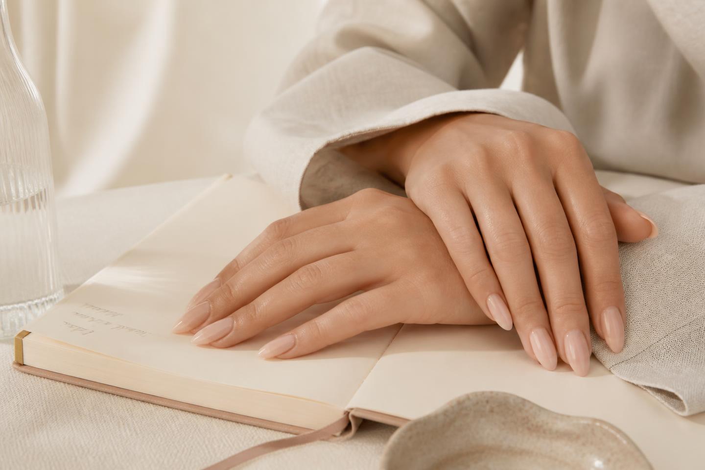 Hands with soft nude press-on nails resting on an open notebook