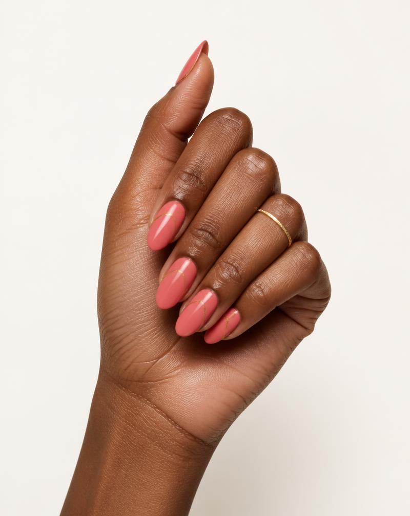 The same Make it NOD Coral Gloss press-on nail set worn on a deep brown skin tone
