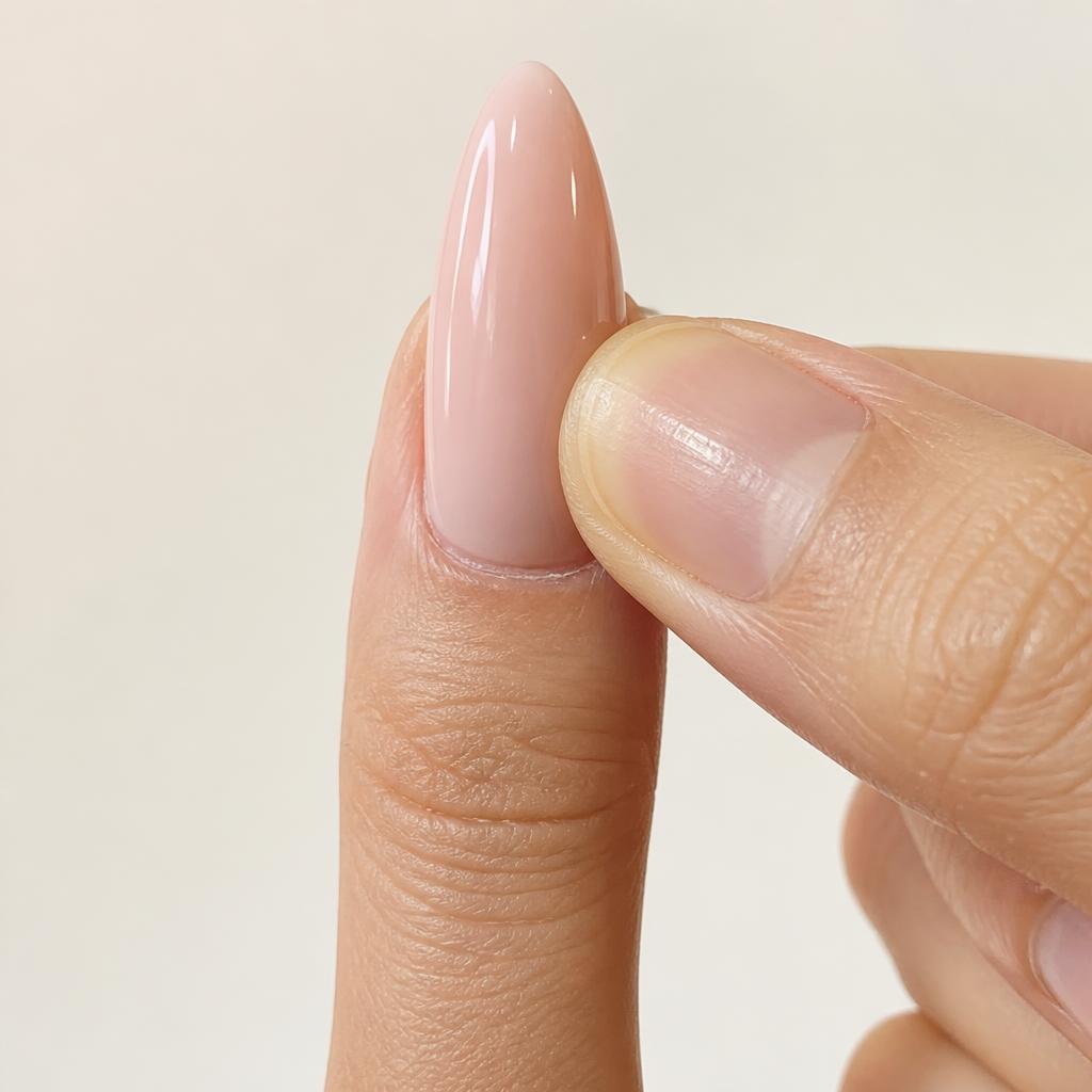 A press-on nail being pressed onto a natural nail